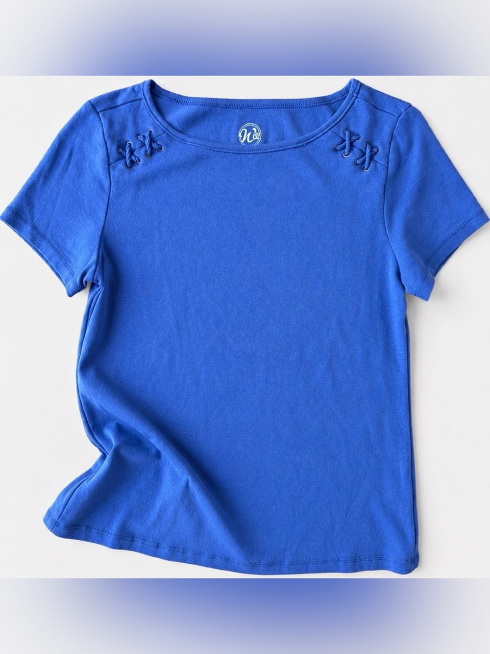 W62 Blue Short Sleeve Cotton Tee w/Shoulder Detail Womens Sz S Nautical Basics